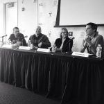 CMJ panel, New York. October 21, 2014. L–R: Rob Sevier (Numero Group), Mike Sniper (Captured Tracks), Cheryl, and moderator Eric Davidson
